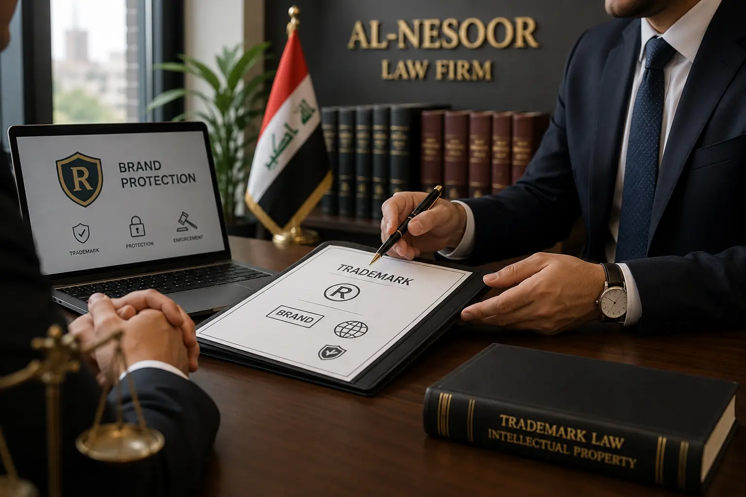 مستشارون قانونيون يناقشون تسجيل العلامات التجارية وحماية العلامات التجارية في بغداد، العراق