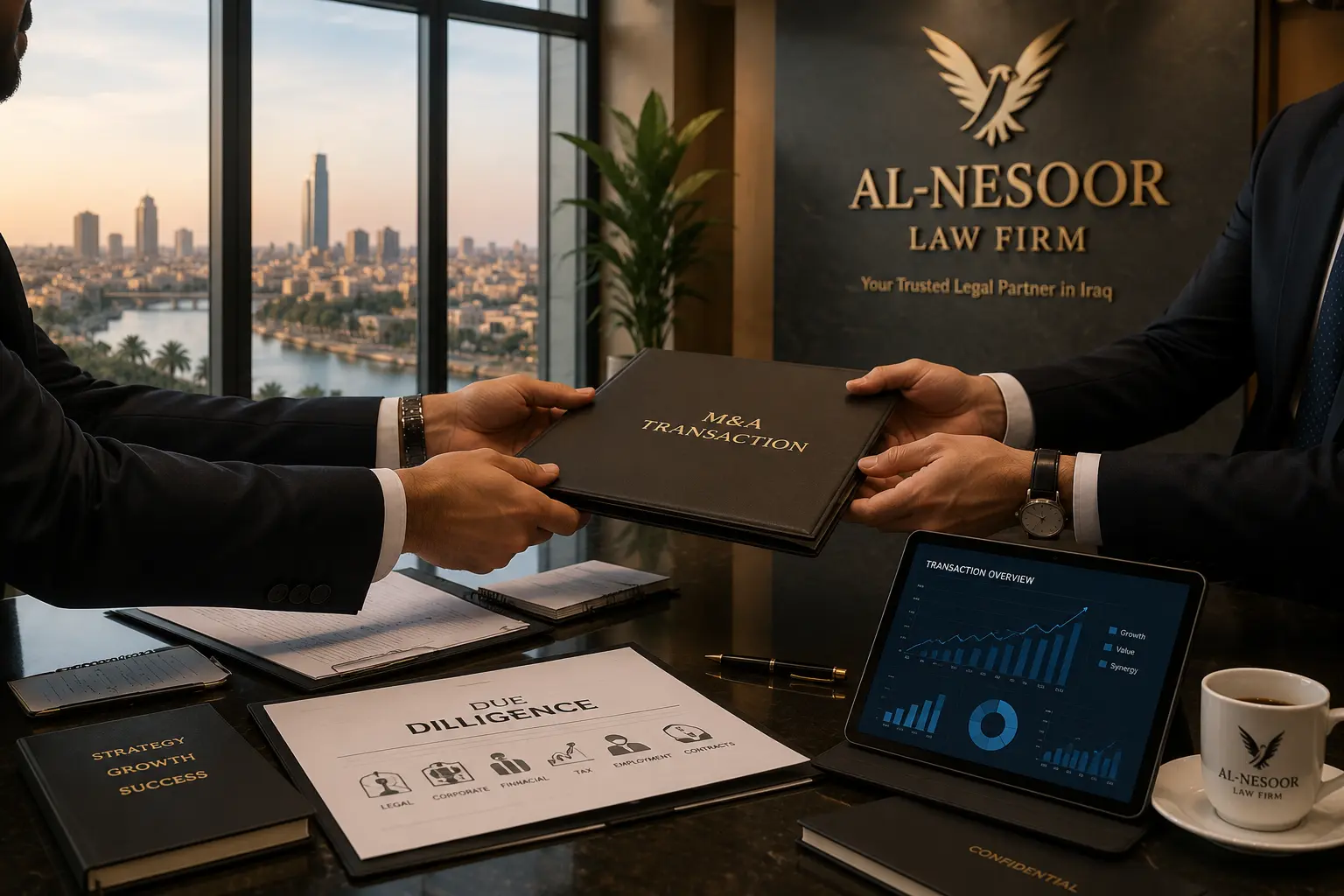 Corporate lawyers advising on a merger and acquisition transaction in Baghdad, Iraq