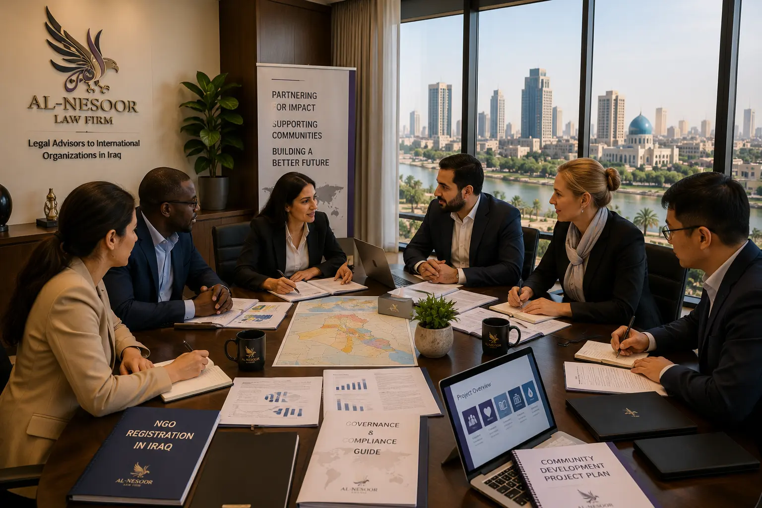 محامو شركة النسور للمحاماة يقدمون الاستشارات لمنظمة دولية غير حكومية في بغداد، العراق