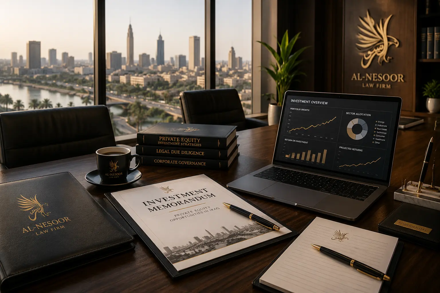 محامون يقدمون المشورة للمستثمرين بشأن معاملة استثمار في الملكية الخاصة في بغداد، العراق